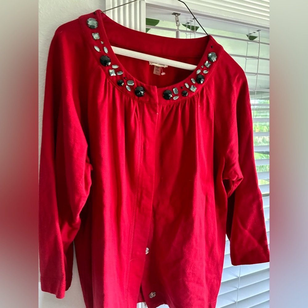 Red Jeweled Neckline Long Sleeve Top